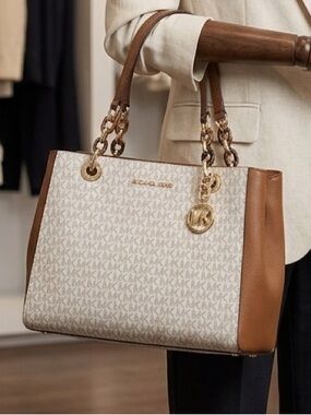 Michael Kors Vanilla Signature Logo Satchel with Brown Trim